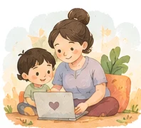 Seorang ibu dan anaknya duduk bersama di depan laptop